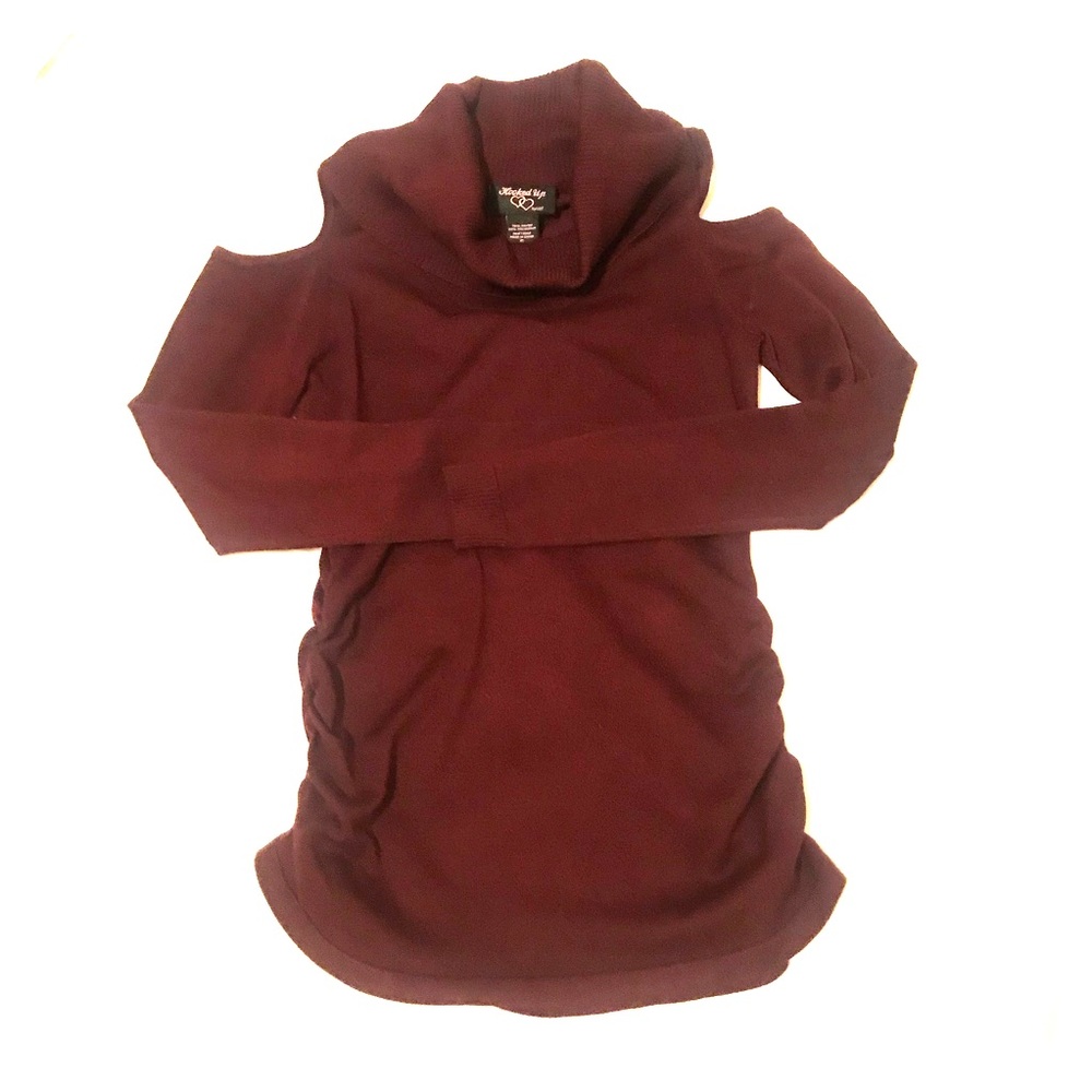 Cowl neck, cold shoulder sweater